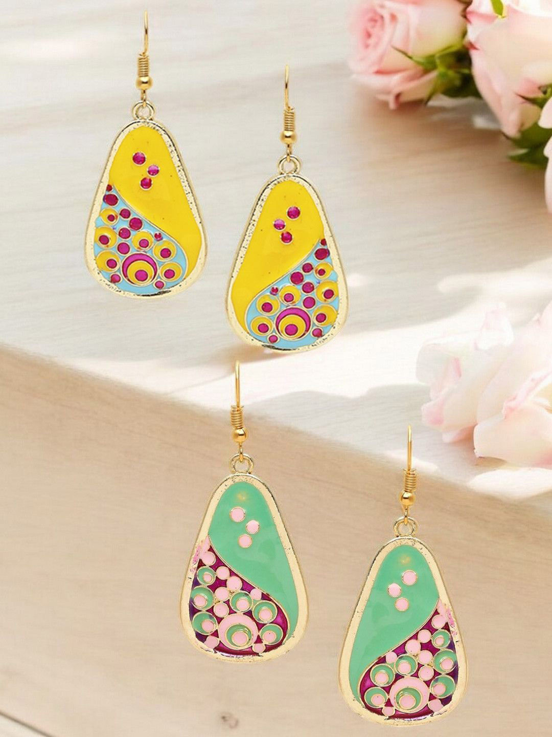 Anouk Set Of 2 Geometric Shaped Meenakari Drop Earrings