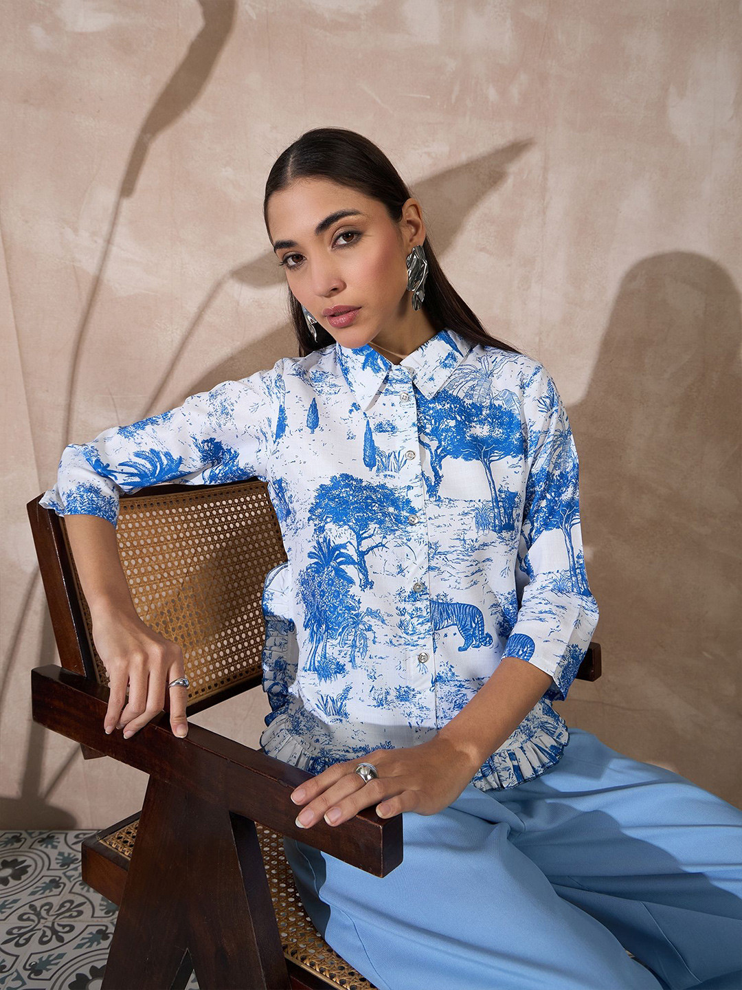 all about you Women Printed Shirt Collared Ruffled Shirt Style Regular Top