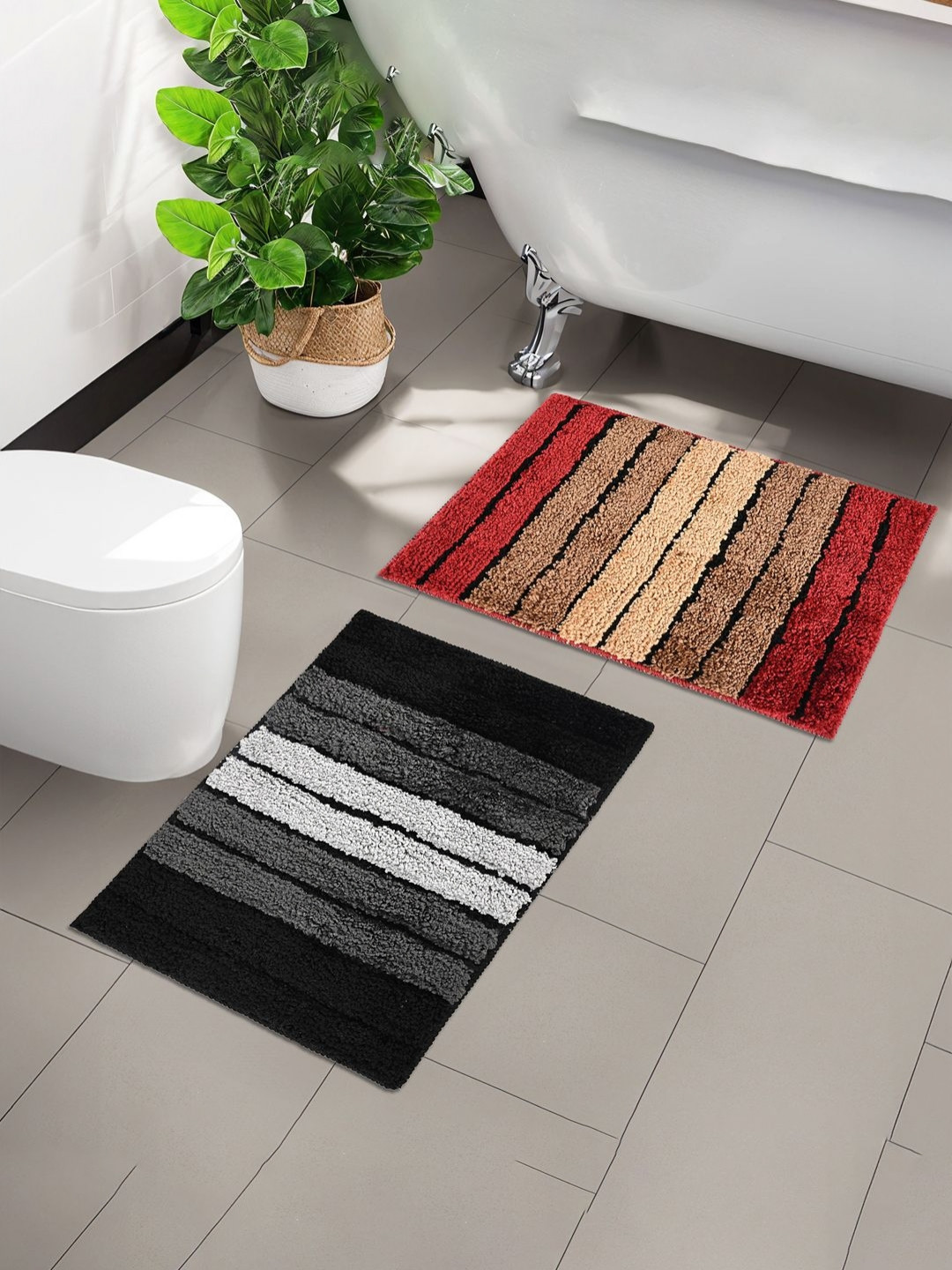 Aura Black & Red 2 Pieces Self-Designed Microfibre Rectangle Anti Slip Doormats