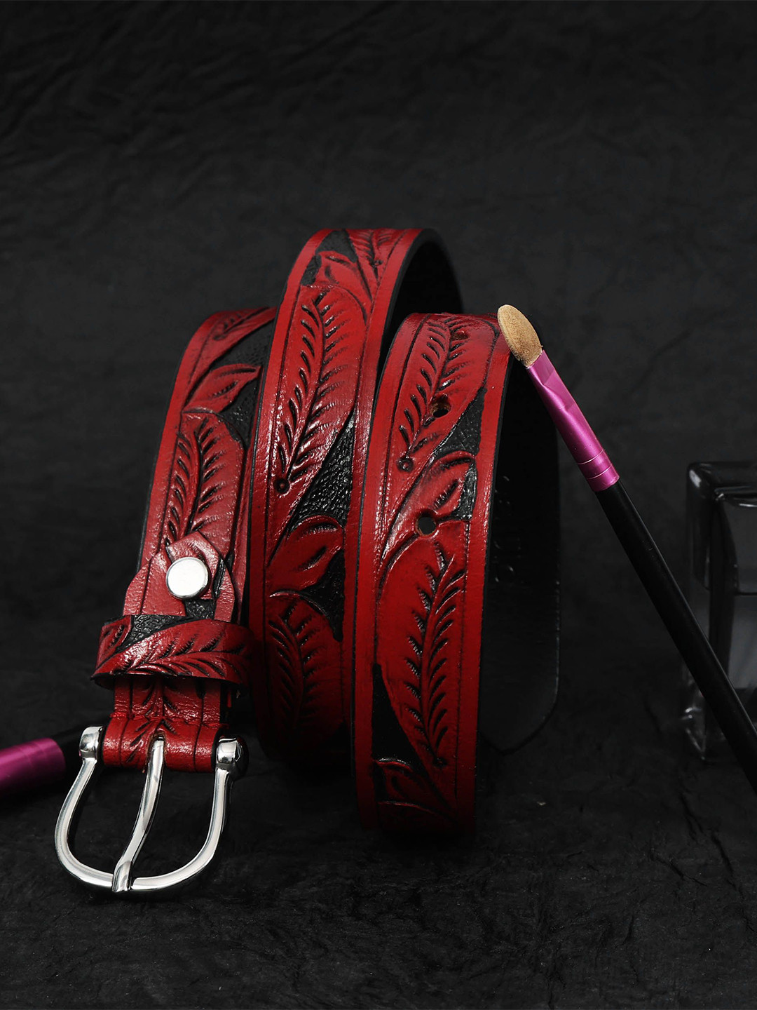 Celtic Women Red Textured Leather Belt Elegant Tang Closure