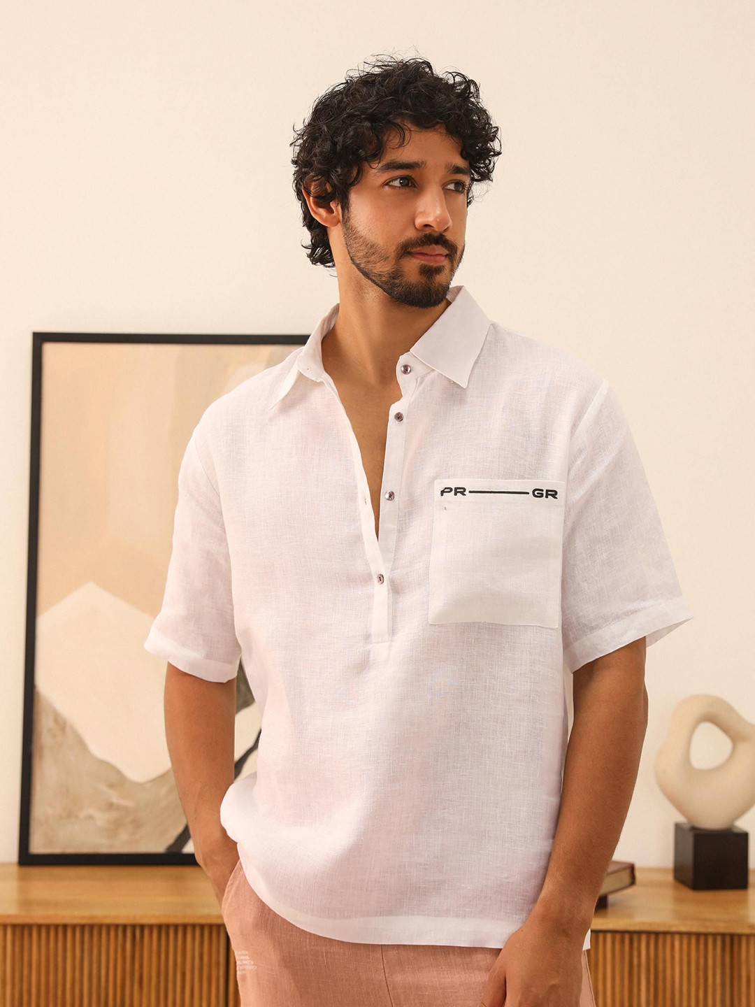 PRIMAL GRAY Men Oversized Fit Spread Collar Solid Linen Casual Shirt