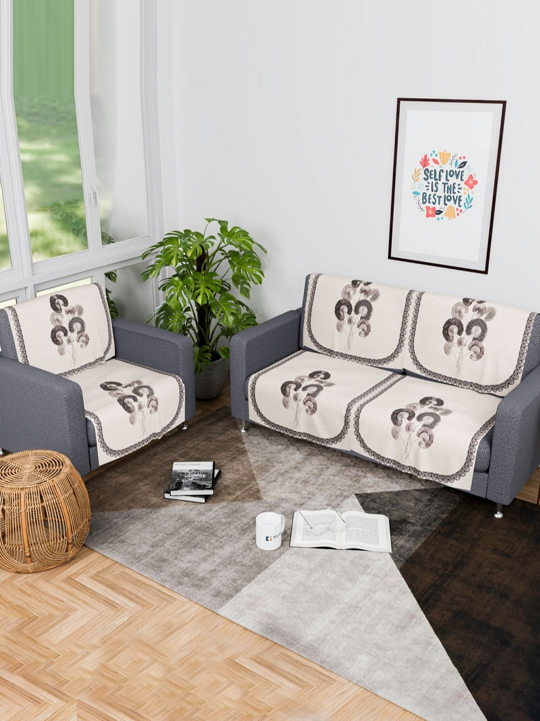 Aura Cream-Coloured & Brown 6 Pieces Floral Printed 3 Seater Velvet Sofa Covers