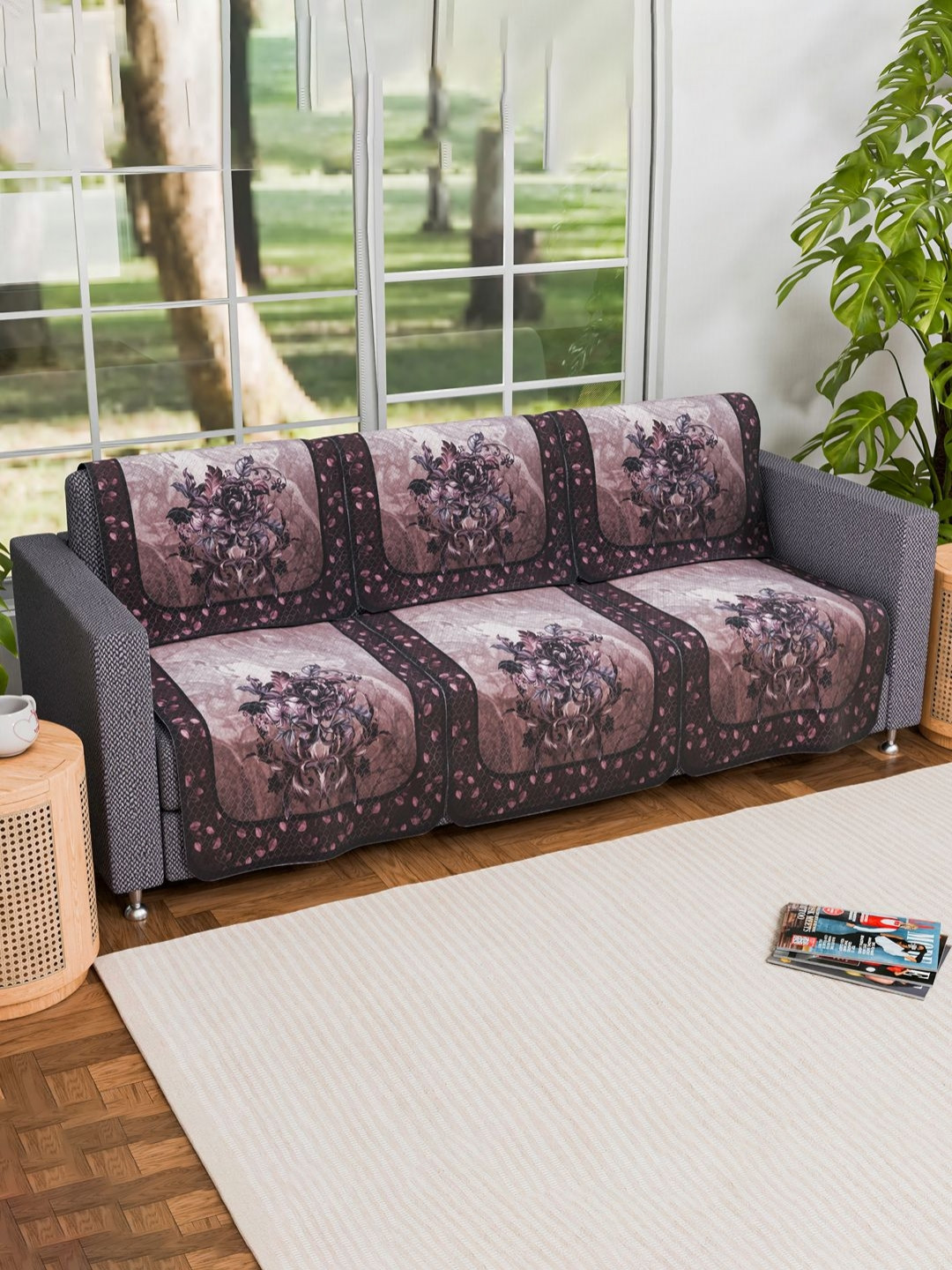Aura 6 Pieces Brown Floral Printed Cotton Sofa Covers 3 Seater