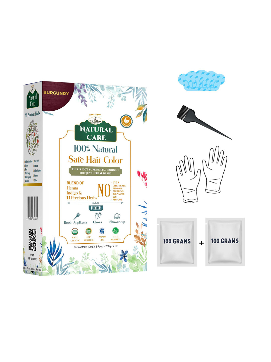 KOKILA 100% Natural Safe Hair Color With Henna Indigo & 11 Precious Herbs -200 g- Burgundy