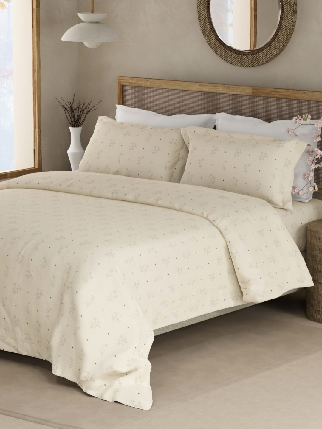 Boutique Living India Cream & Blue Printed Cotton 300TC King Bedsheet Set 2.74m x 2.74m