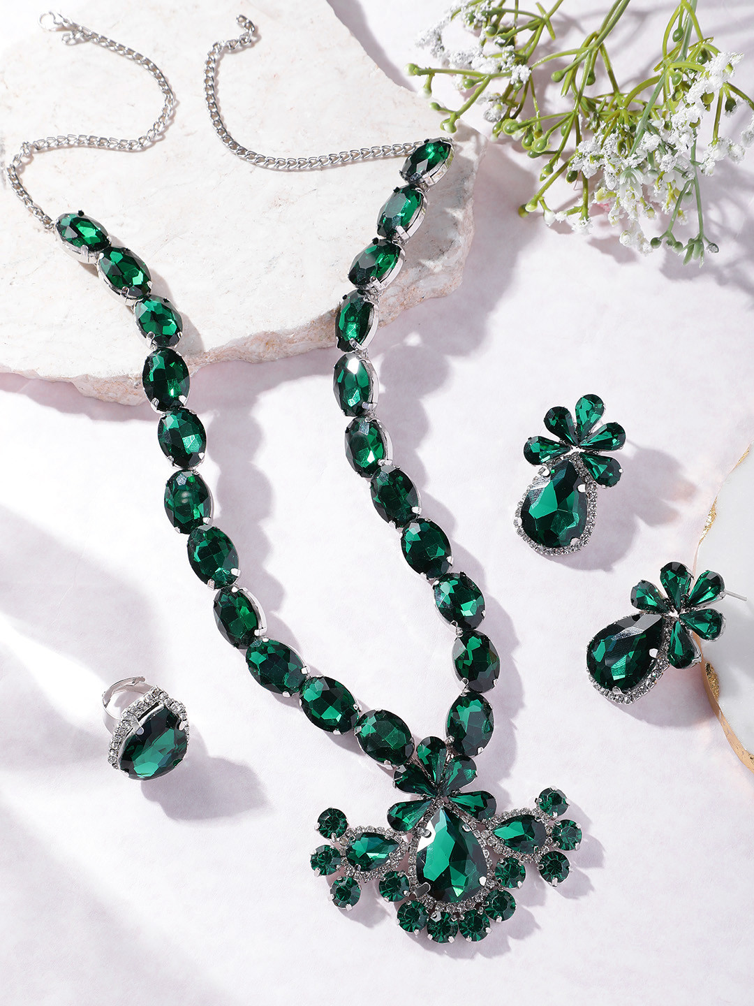 MANSIYAORANGE Rhodium Plated Crystal AD Gemstone-Studded Jewelry Set