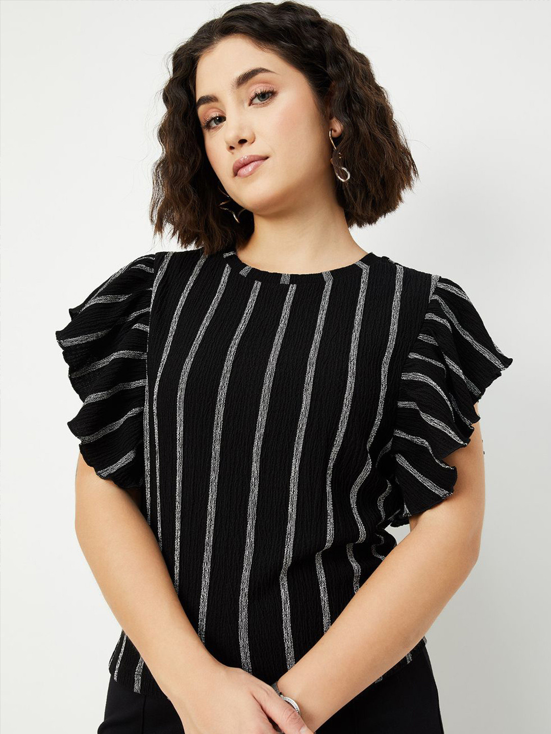 max Women Flutter Vertical Stripes Sleeve Top