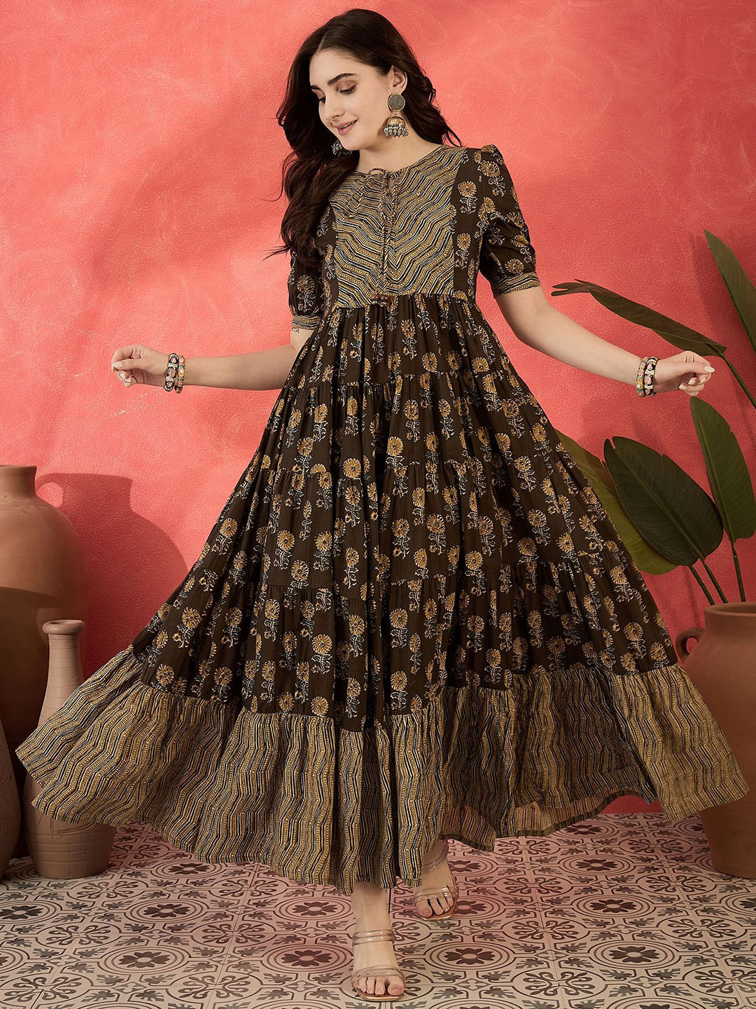 Sangria Women Floral Printed Cotton Fit and Flare Maxi Ethnic Dresses