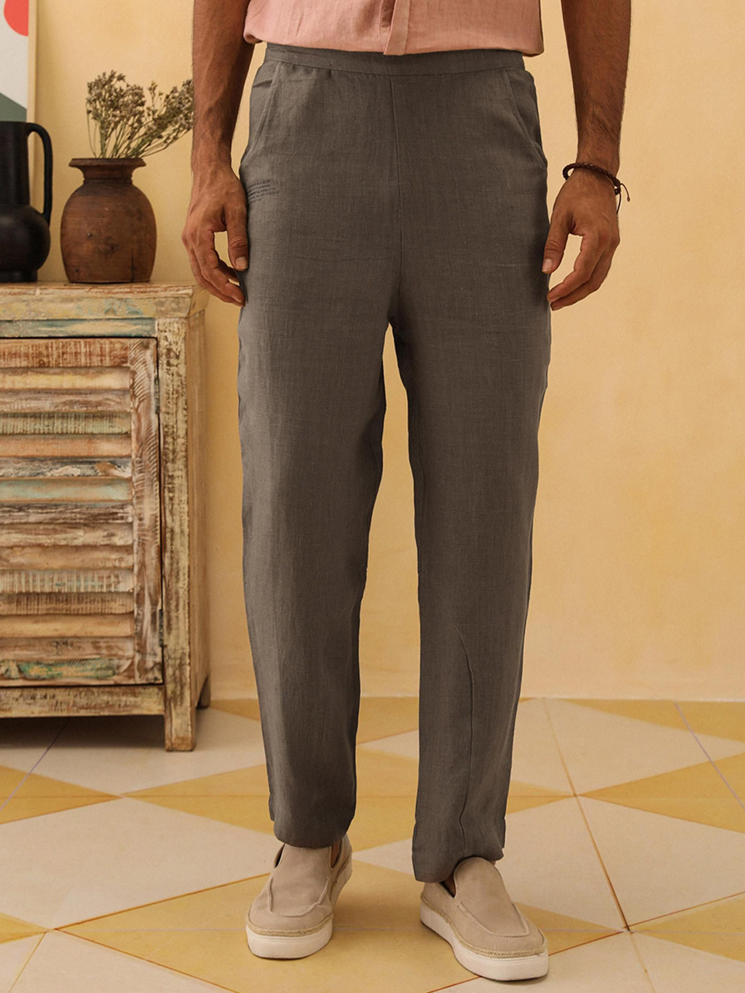 PRIMAL GRAY Men Relaxed Fit Mid-Rise Linen Trouser