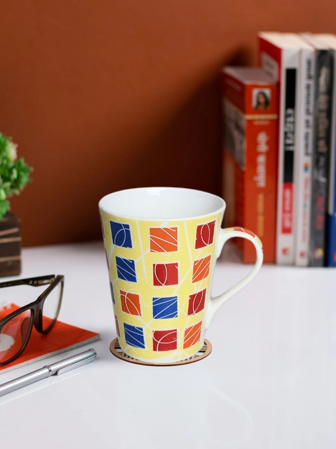 CLAY CRAFT Yellow Checkered Ceramic Handmade Mug-340ml