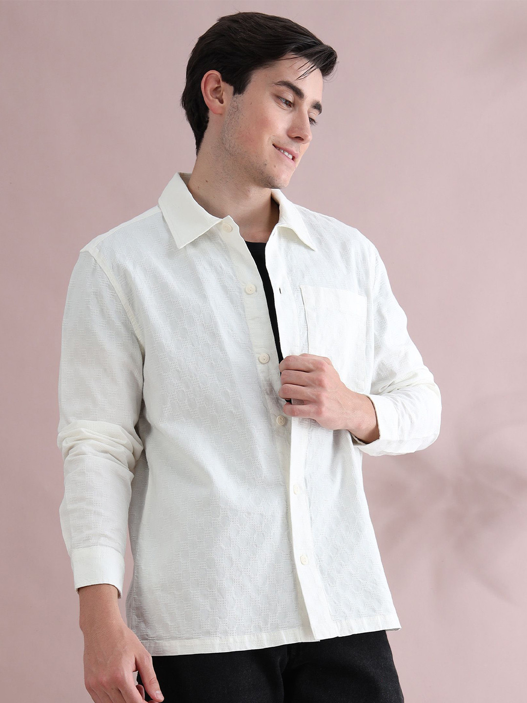 StitchX Men Dobby Textured Full Sleeve Oversized Shirt