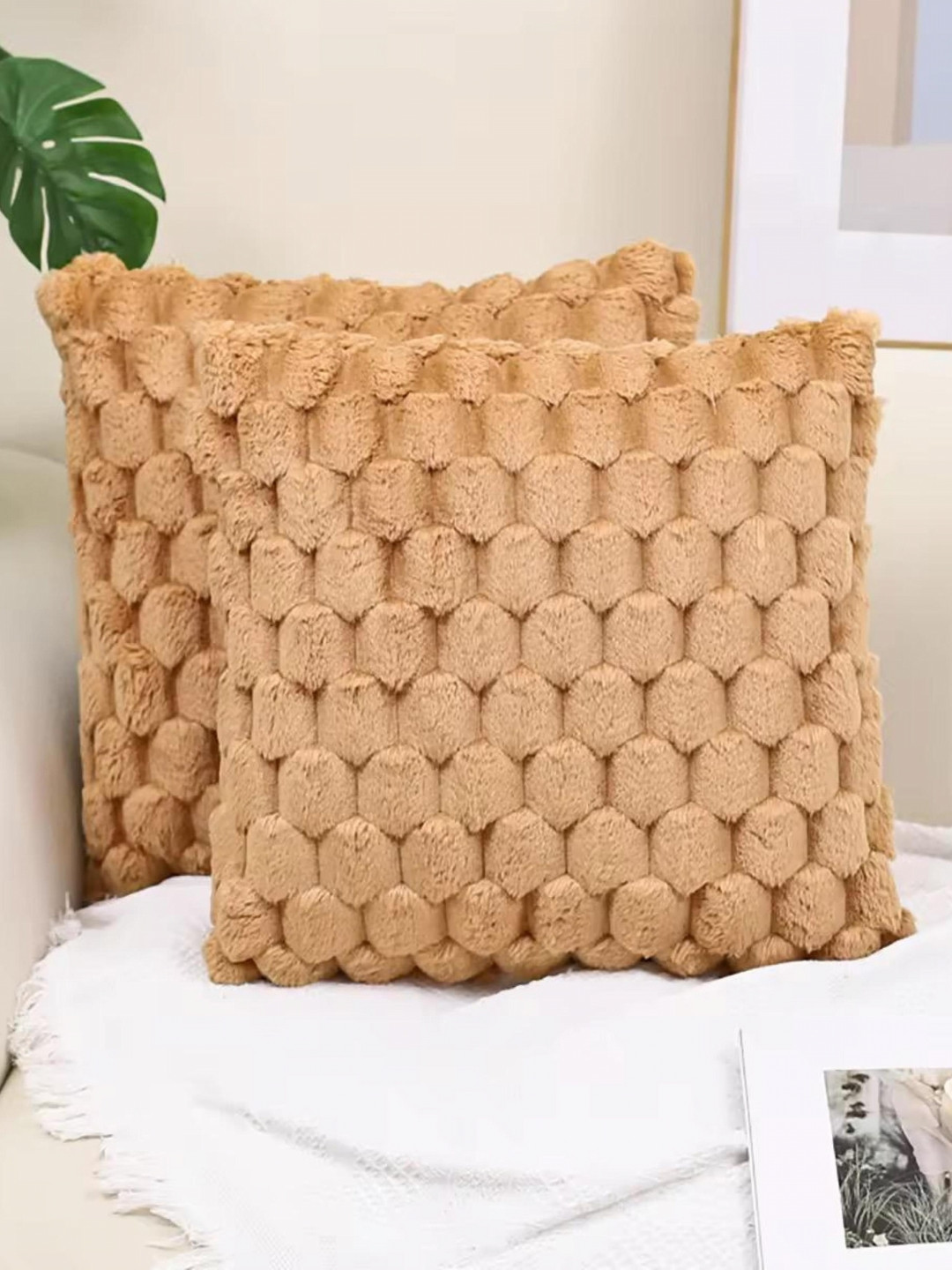 TANLOOMS Gold Velvet Washable 2 Pcs Textured Square Cushion Covers - 16 x 16 In