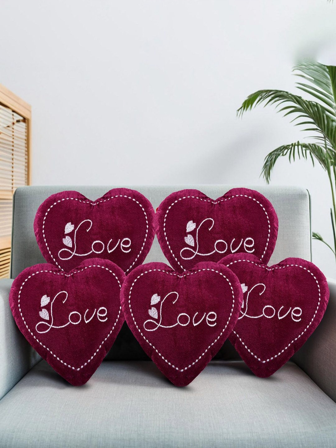 Aura Maroon & White 5 Pieces Embroidered Cotton Heart Shape Plushie Pre-Filled Cushions