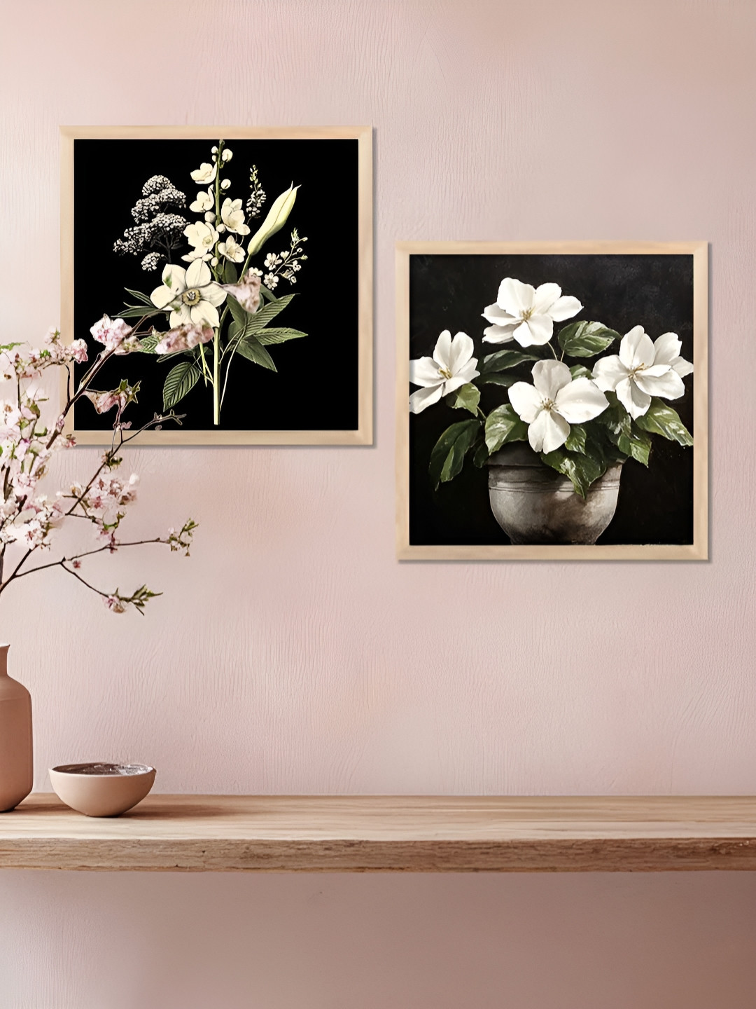 Kotart Black & White 2 Pieces Floral Printed Wooden Wall Paintings