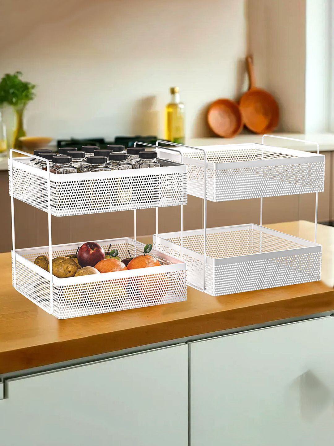 Kuber Industries White 2 Pieces Square Shaped 2-Tier Metal Kitchen Rack Stand Organiser