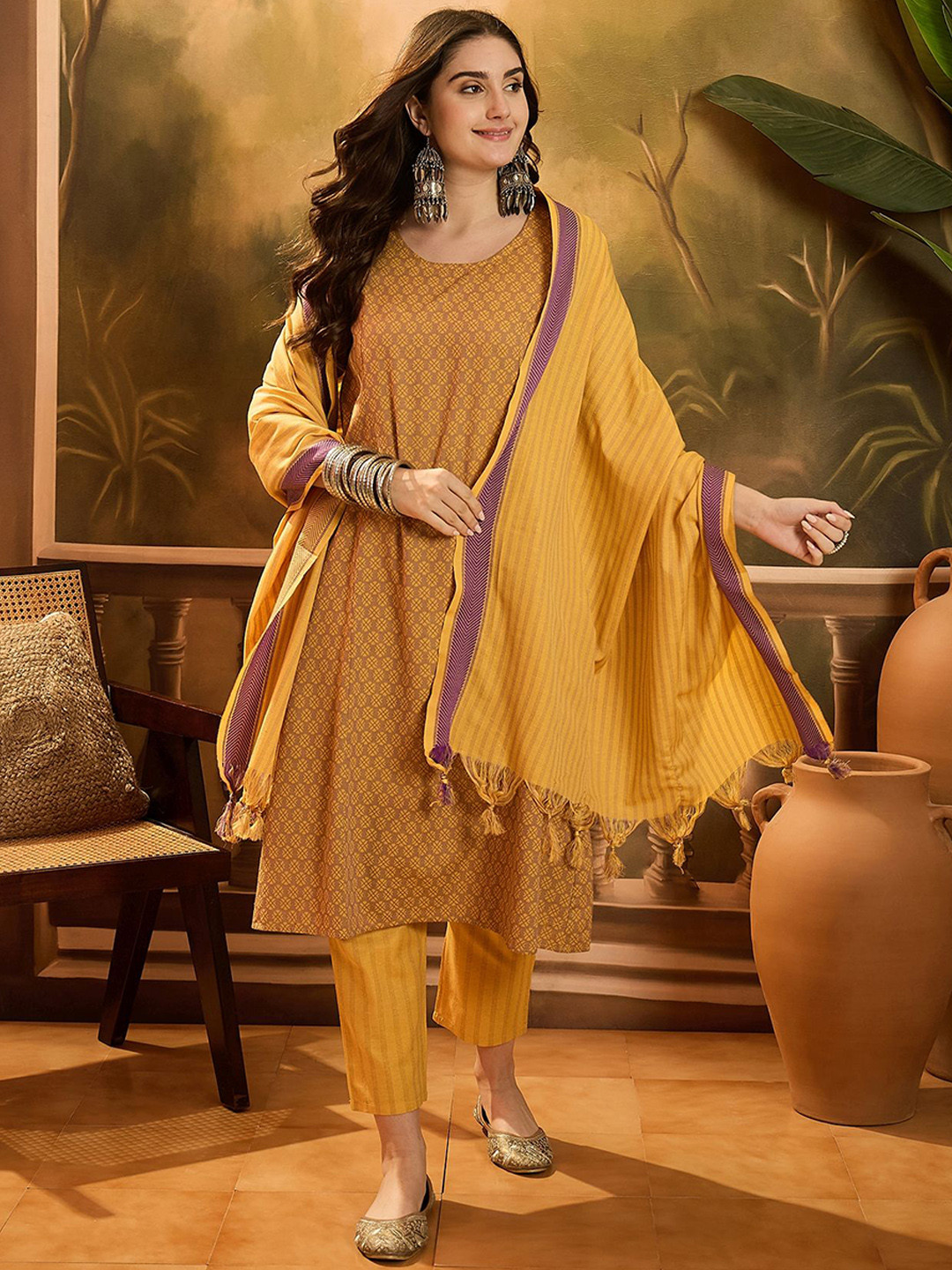 Sangria Floral Woven Design Panelled A-Line Kurta With Trousers & Dupatta
