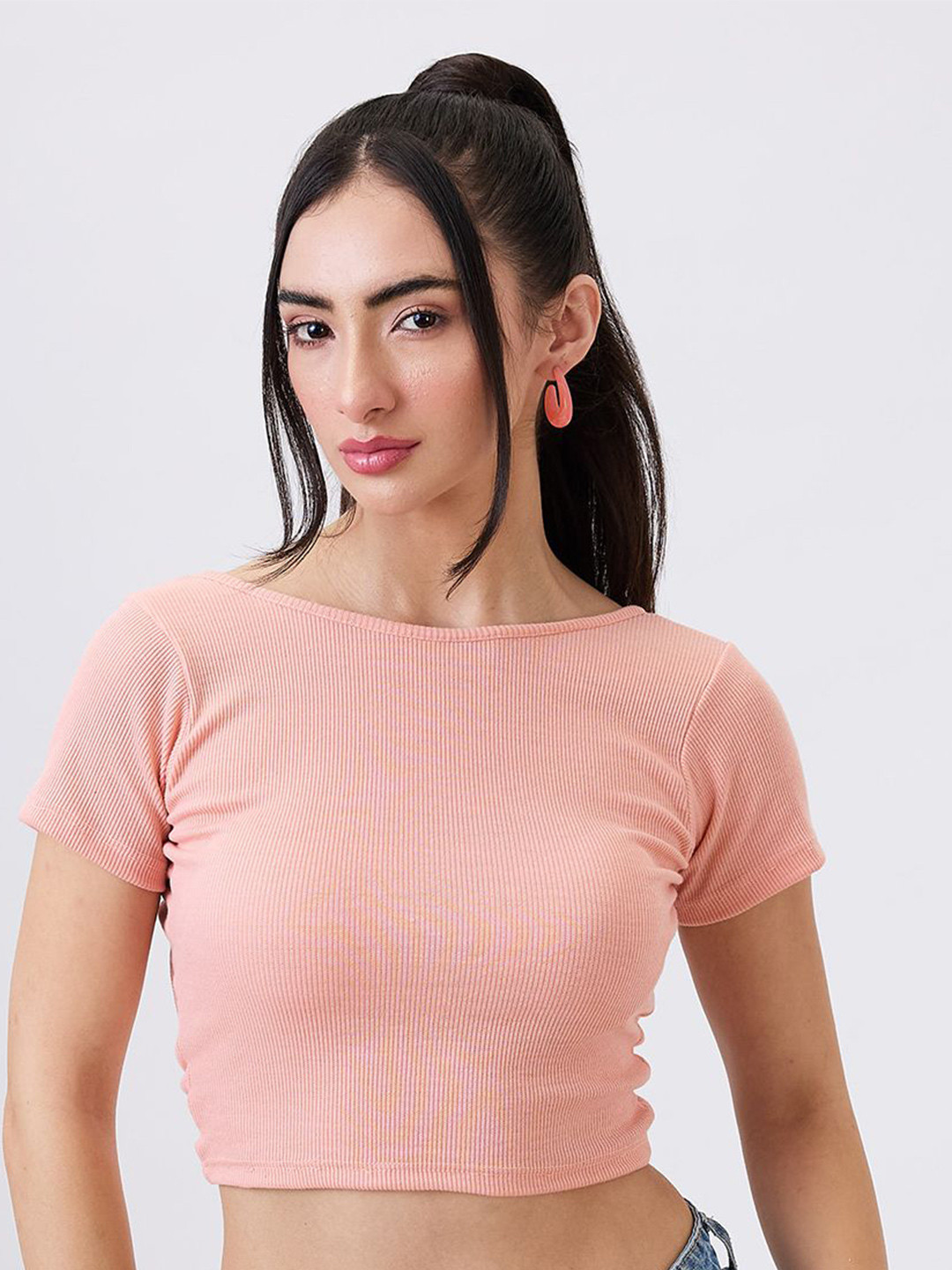 SZN Women Pink Ribbed Boat Neck Crop Top