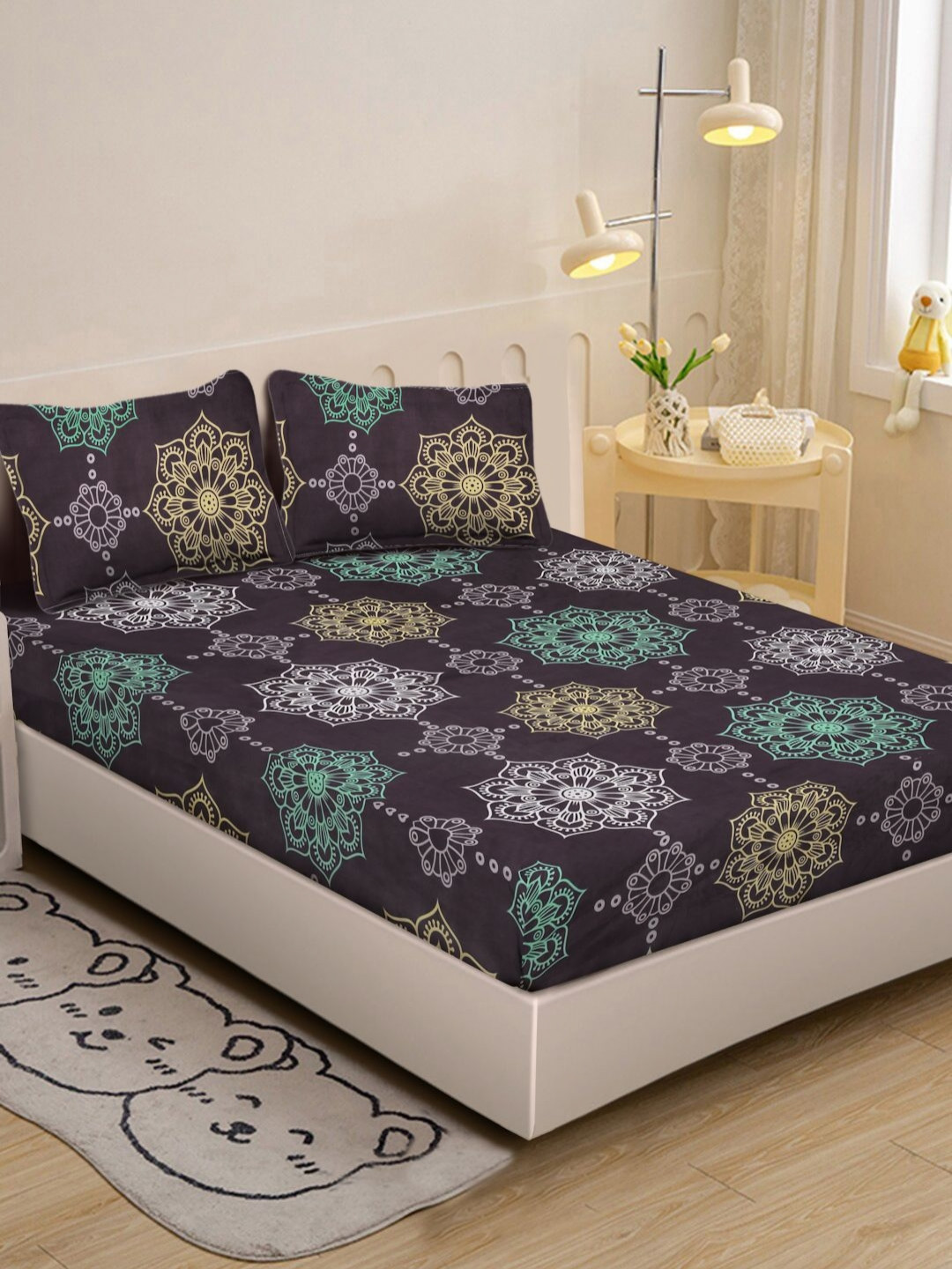 Myntra Elegant Homes Purple Floral Polycotton 300 TC Double Fine Bedsheet with 2 Pillow Covers-89 x 59 inches