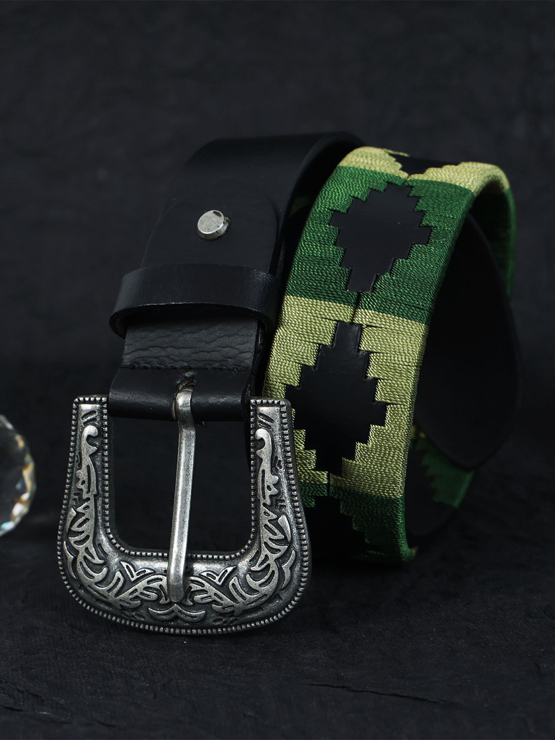 Celtic Women Black Woven Design Genuine Leather Belt with Push Pin Closure