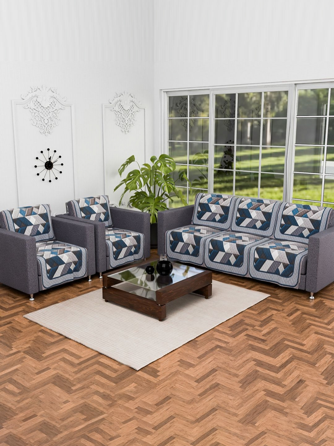 Aura Grey & Blue 10 Pieces Geometric Printed 3 Seater Velvet Anti Skid Sofa Covers