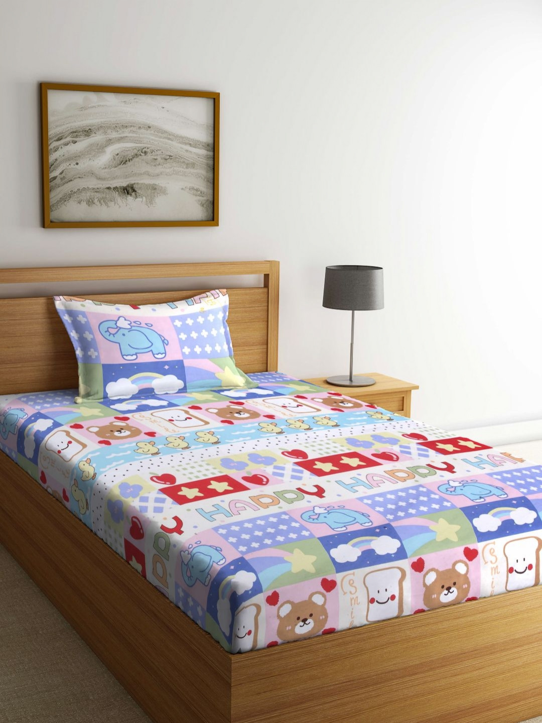 Myntra Elegant Homes Essentials Blue Conversational Cotton 300 TC Single Fine Bedsheet with a Pillow Cover-225 x 150 cm