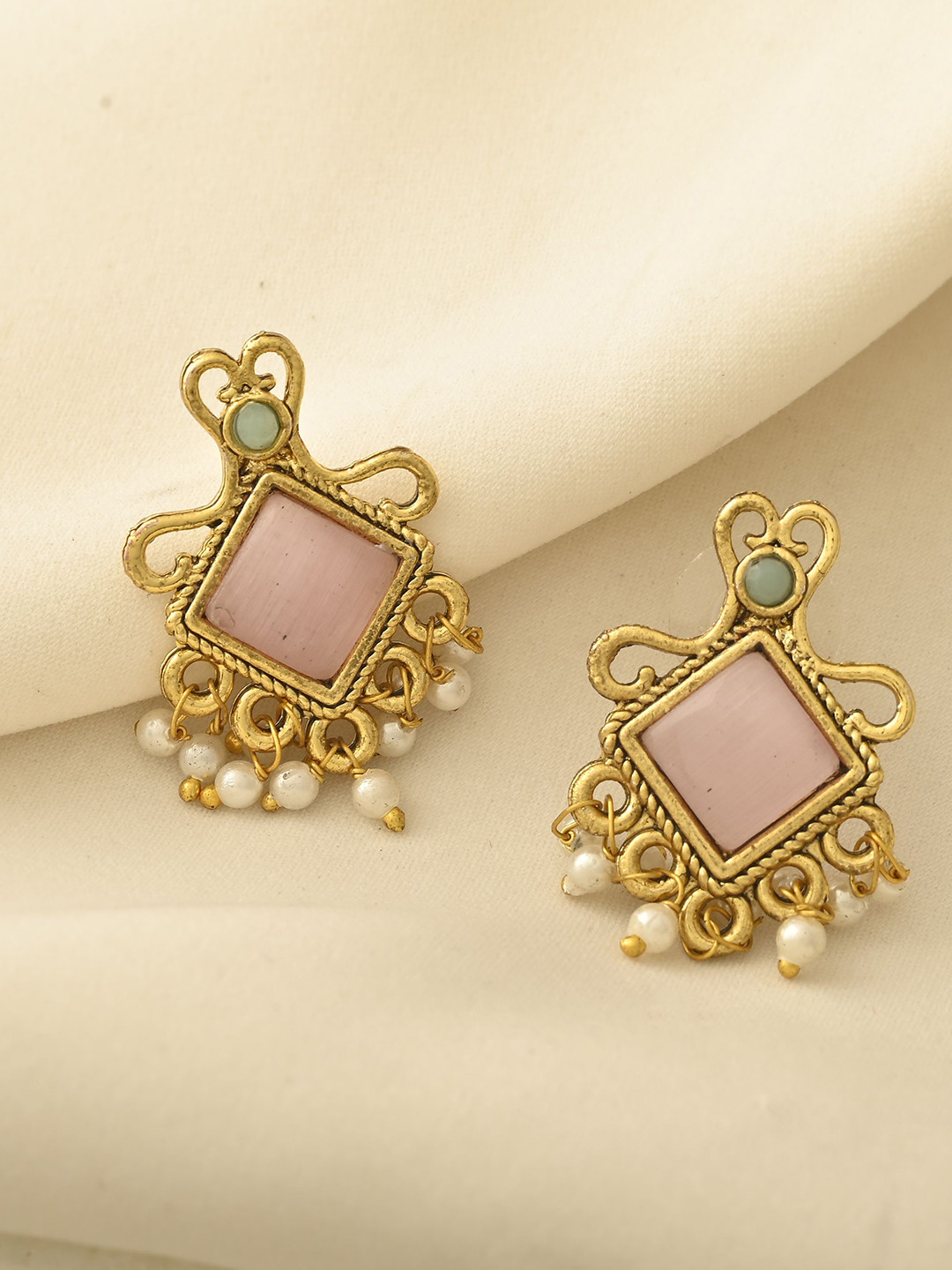 STYYO Silver-Plated Artificial Stones and Beads Square Shaped Drop Earrings