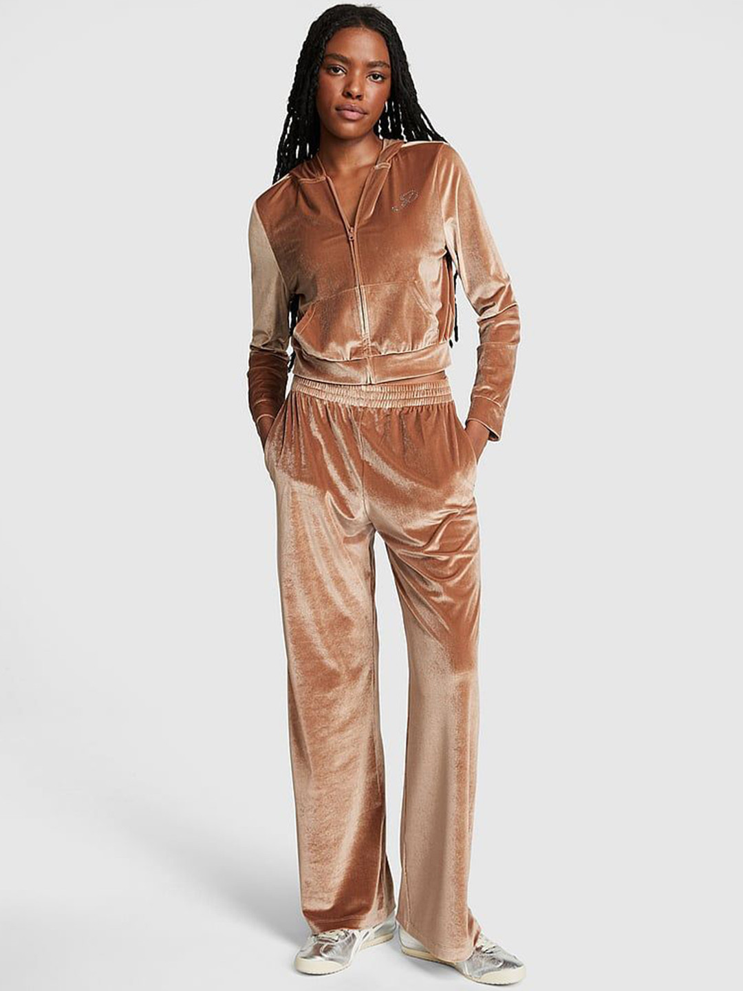 Victoria's Secret Women Pink Velour Shine Logo Wide-Leg Pant
