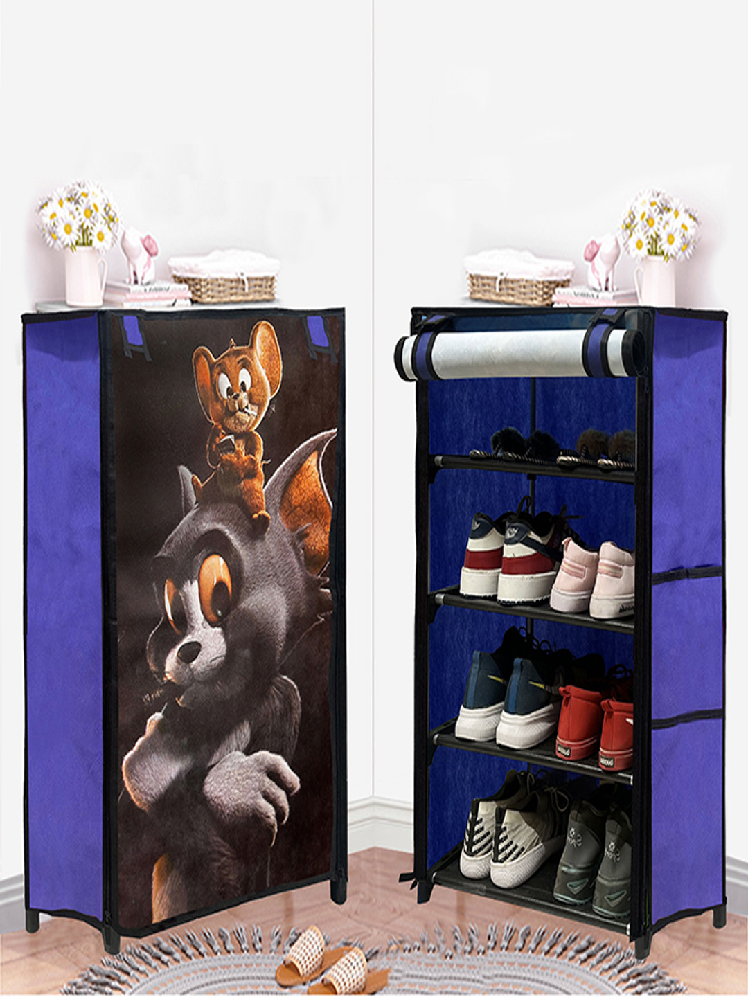 Rmerchants Blue Printed 4-Layer Shoe Rack With Cover