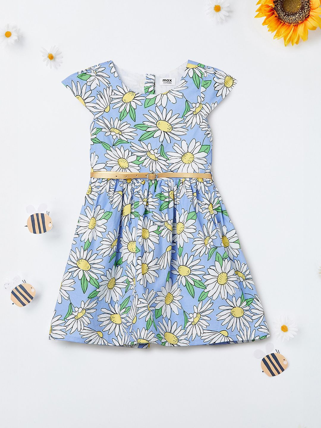 max Girls Floral Print Cotton Fit & Flare Dress with Belt