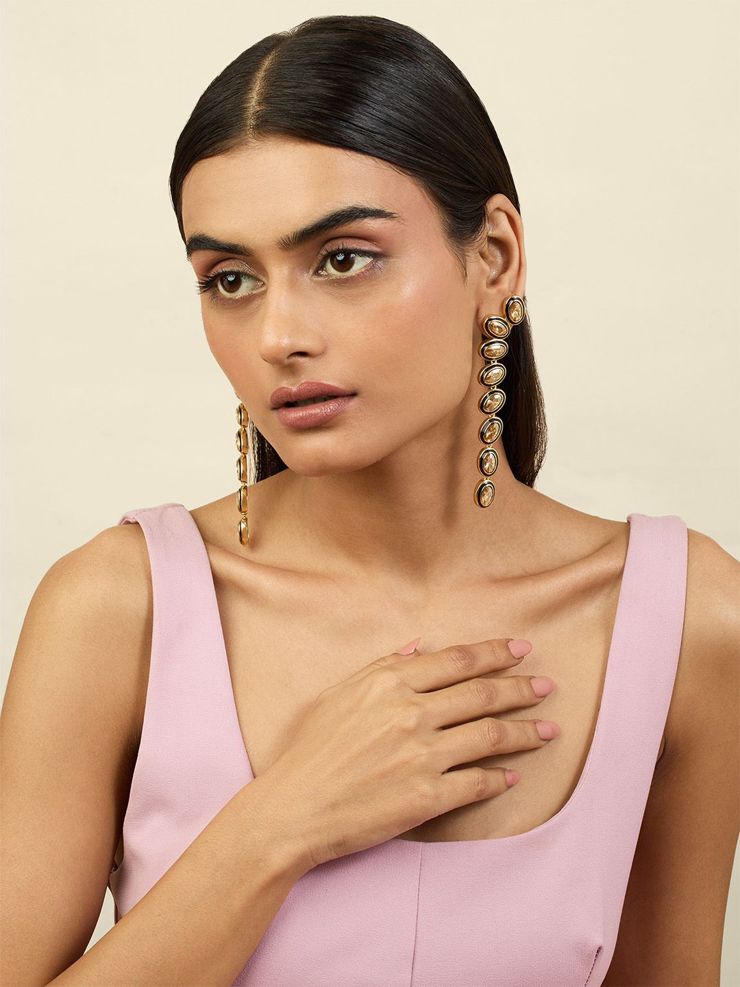 Isharya 18KT Gold Plated Crystals Stone Studded Oval Shaped Mocha Mousse Drop Earrings