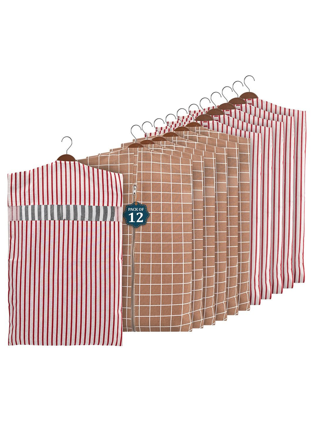 Kuber Industries Brown & Maroon Set Of 12 Striped Cotton Hanging Clothes Organisers