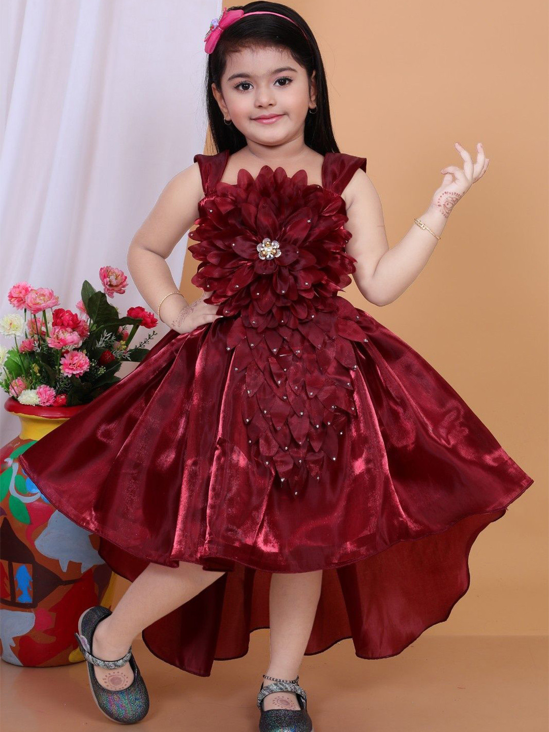 PN Fashion Floral Embellished Net High-Low Fit & Flare Midi Dress