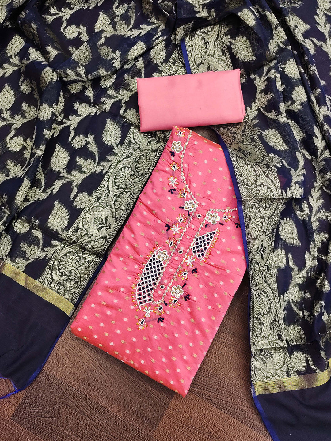 SHADOW & SAINING Polka Dots Woven Design Beads and Stones Semi-Stitched Dress Material