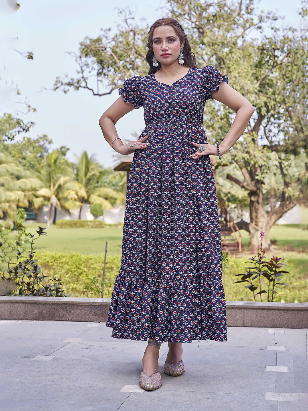 ODD BY chansi TRENDZ Women  Print Puff Sleeve Fit & Flare Maxi Dress