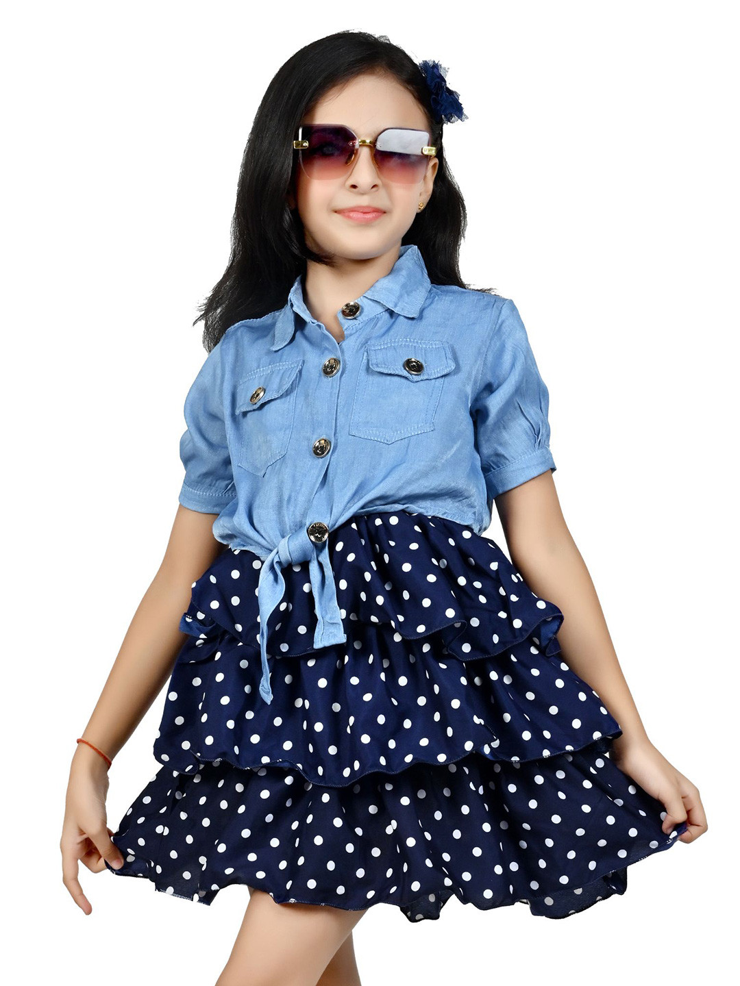 NEYSA Girls Polka Dot Printed Crepe A-Line Mini Dress With Layered