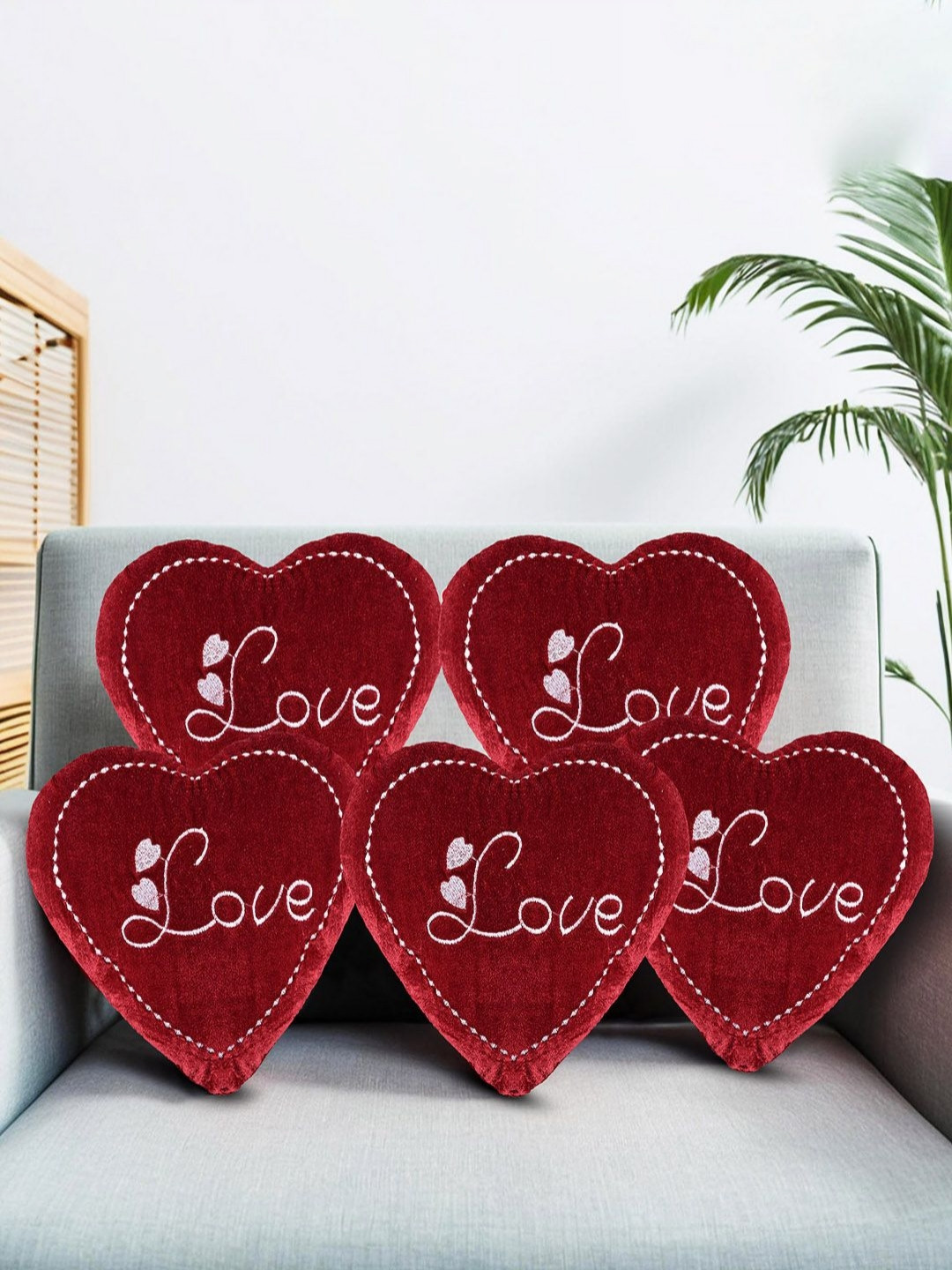 Aura Maroon & White 5 Pieces Embroidered Cotton Heart Shape Plushie Pre-Filled Cushions