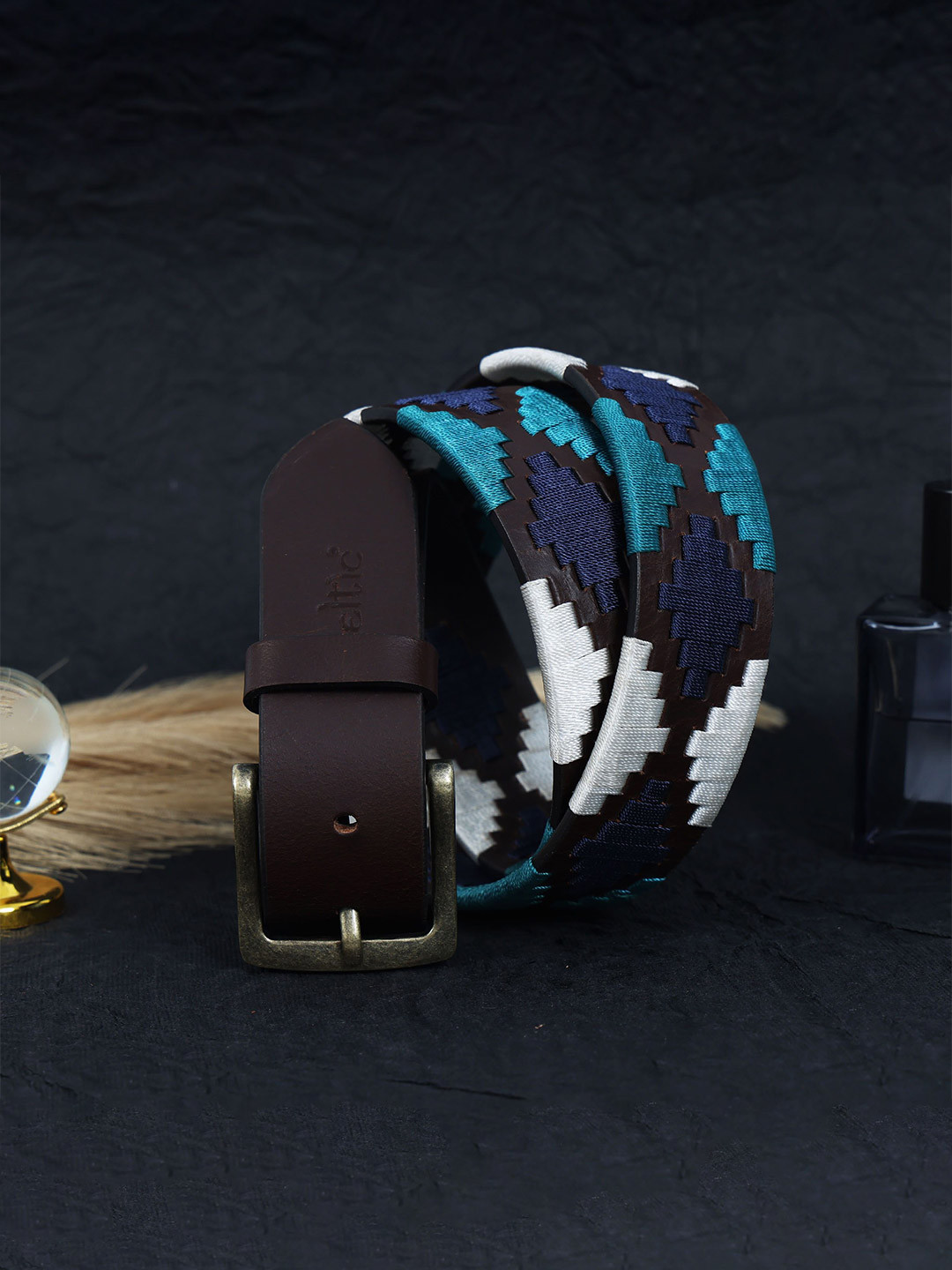 Celtic Women Brown Woven Textured Leather Formal Belt with Tang Closure