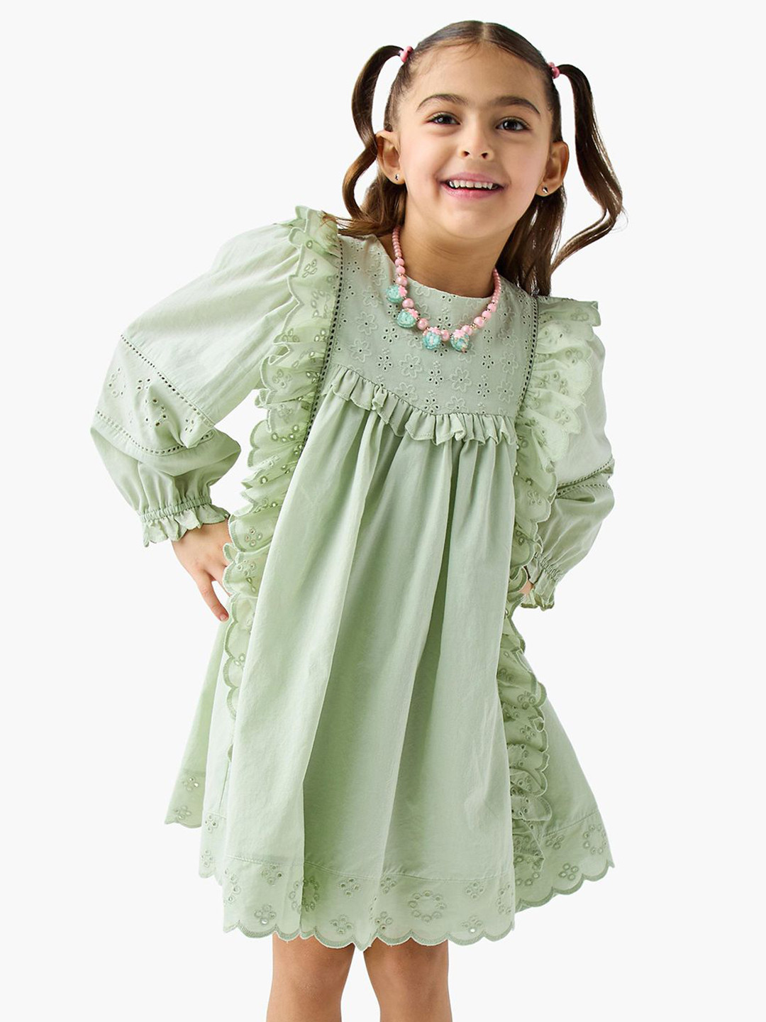 Juniors by Babyshop Girls Self Design Puff Sleeve A-Line Dress