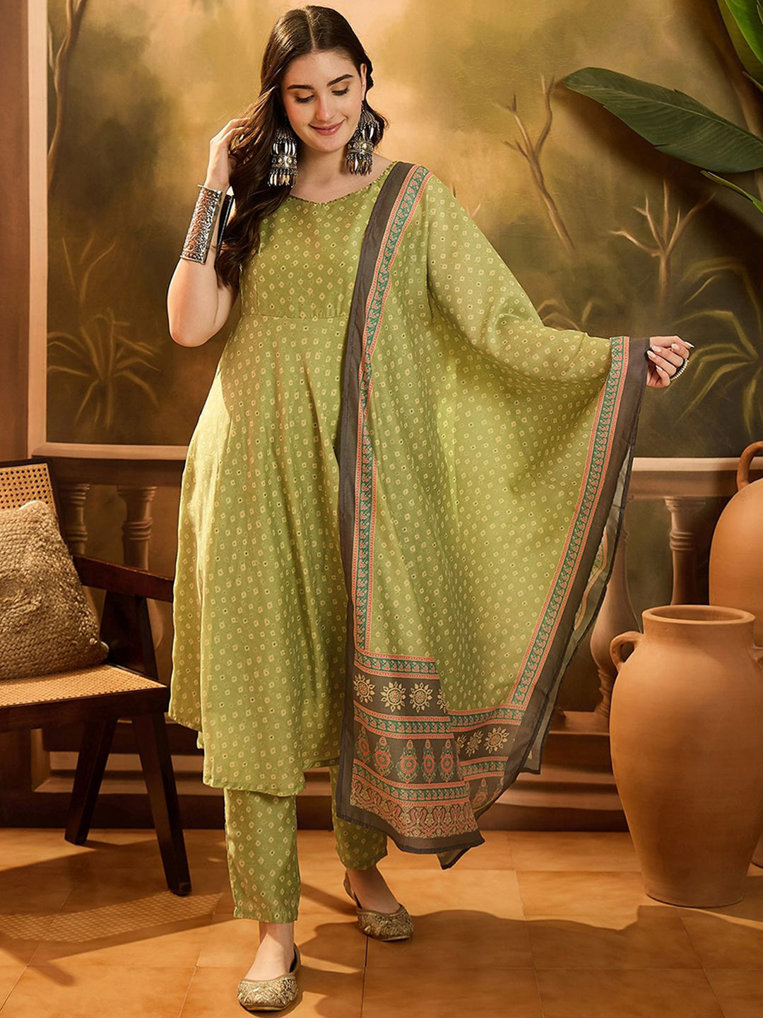 Sangria Bandhani Printed V-Neck Chanderi Silk Anarkali Kurta & Trousers With Dupatta