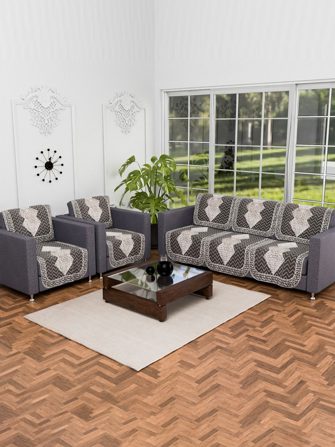 Aura Stone Myura Grey & Brown 10 Pieces Geometric Printed 5 Seater Cotton Sofa Covers