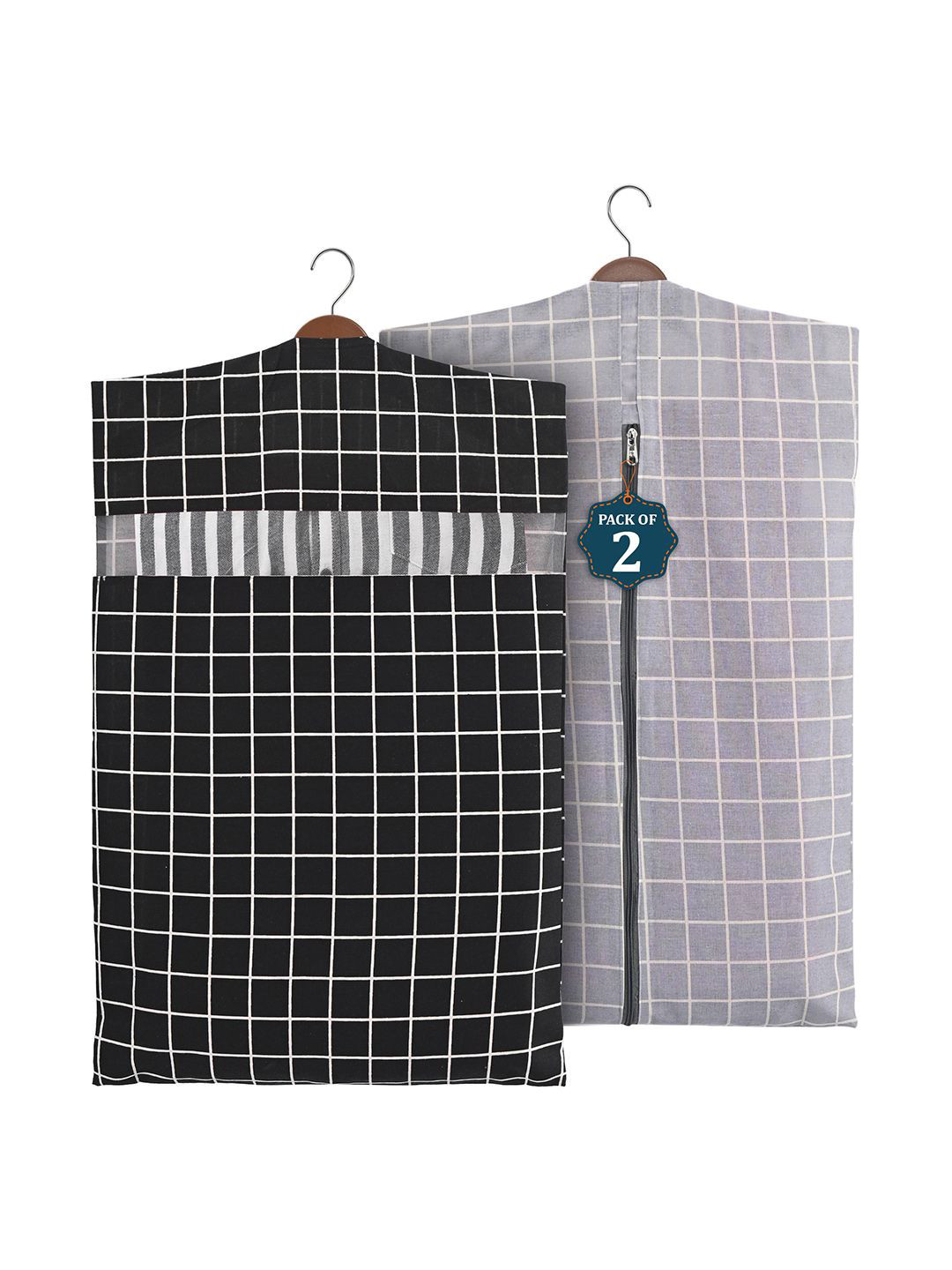 Kuber Industries Grey & Black Set Of 2 Checked Cotton Hanging Clothes Packing Organisers