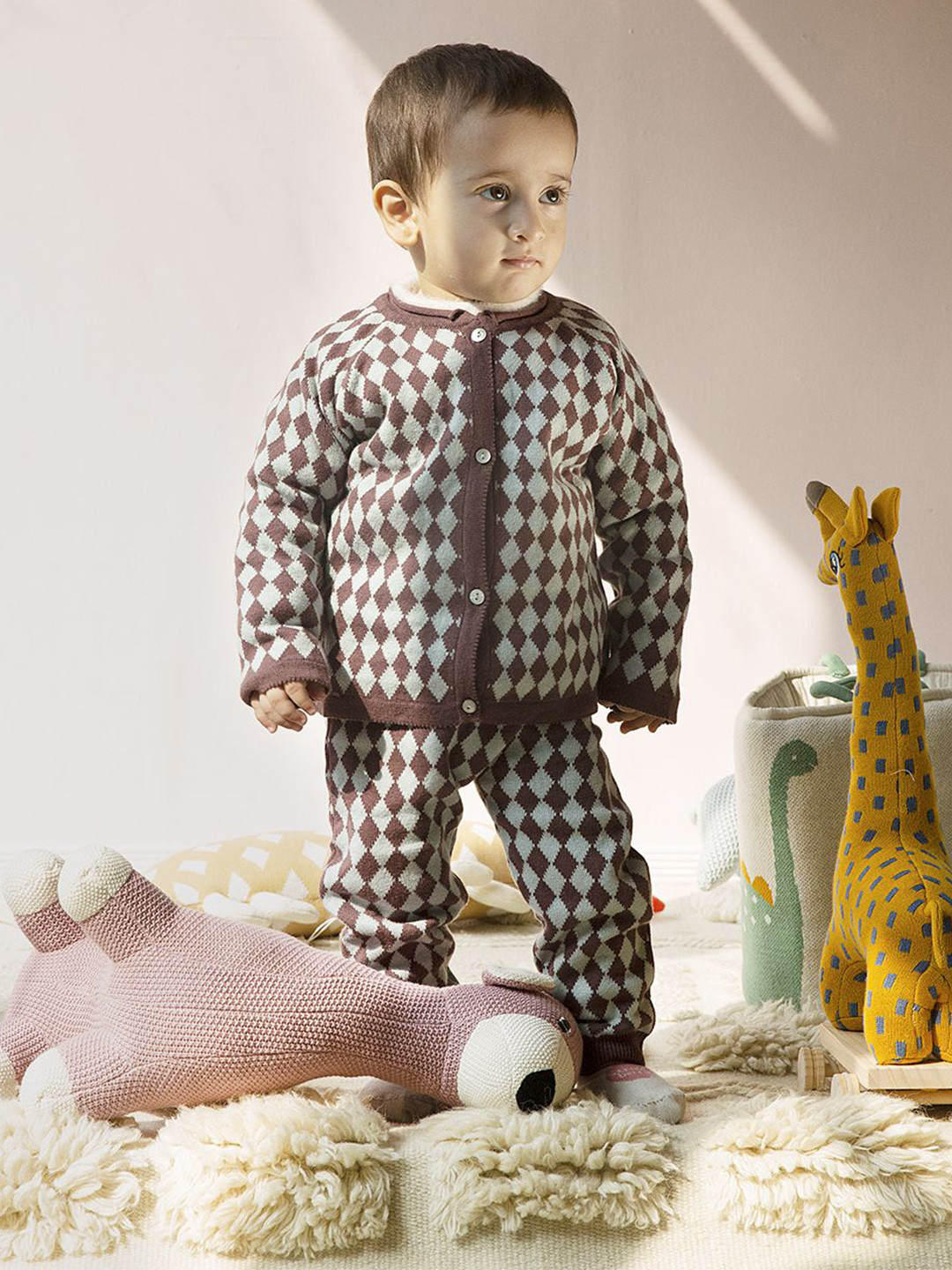 THE BABY TRUNK Kids Knitted Diamond Jacquard Pure Cotton Top & Bottom Clothing Set