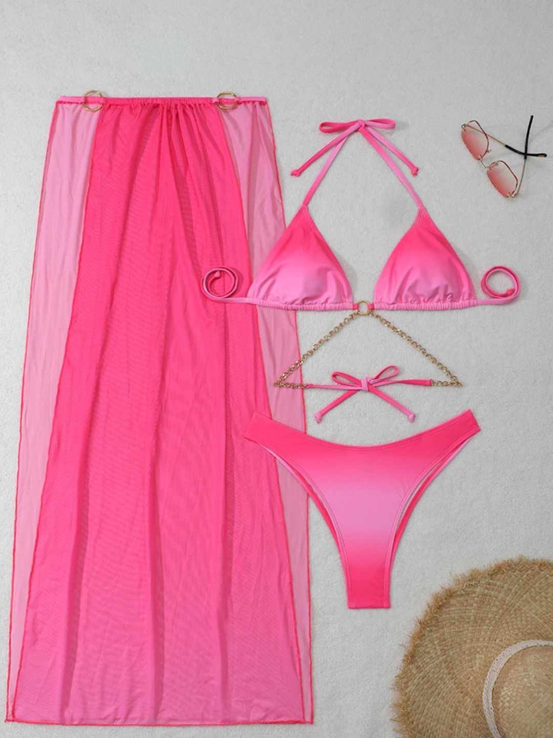 Plus Curvves 3Pcs Ombre Halter Neck Top With Detachable Pads And Metal Chain Swimwear