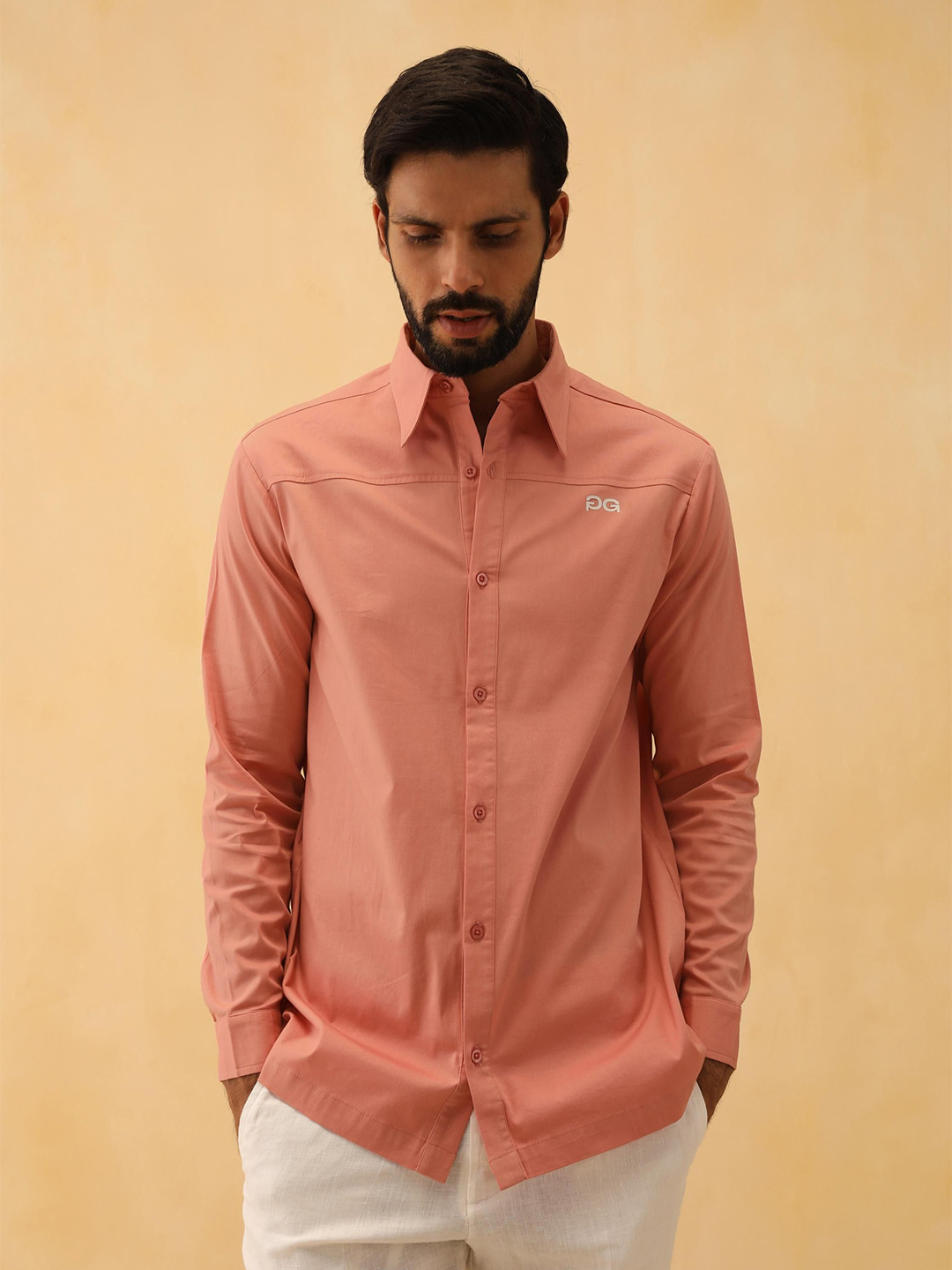 PRIMAL GRAY Men Oversized Fit Spread Collar Solid Cotton Casual Shirt