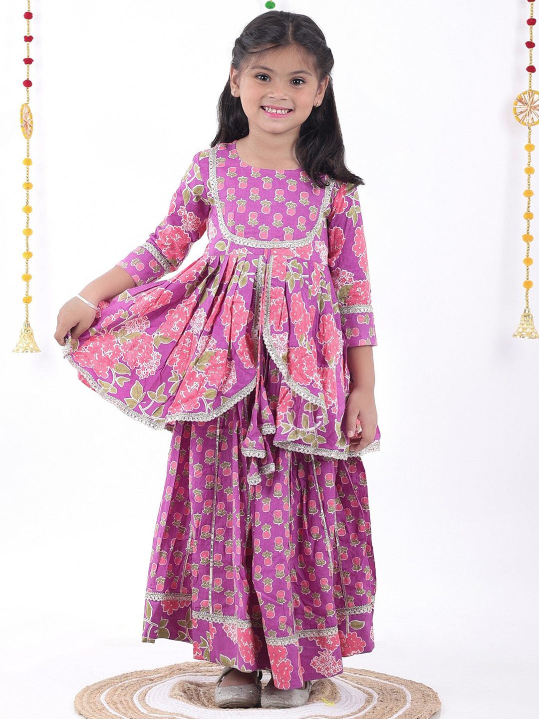 AATYA KIIDS Girls Floral Printed Pleated Gotta Patti Pure Cotton A-Line Kurta with Lehenga