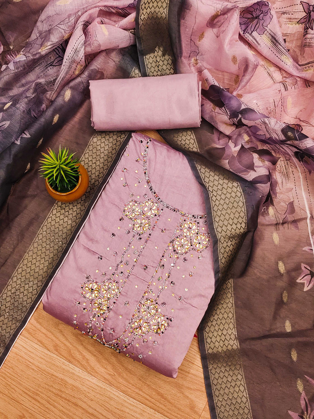 SHADOW & SAINING Floral Embroidered Beads Work Roman Silk Unstitched Dress Material