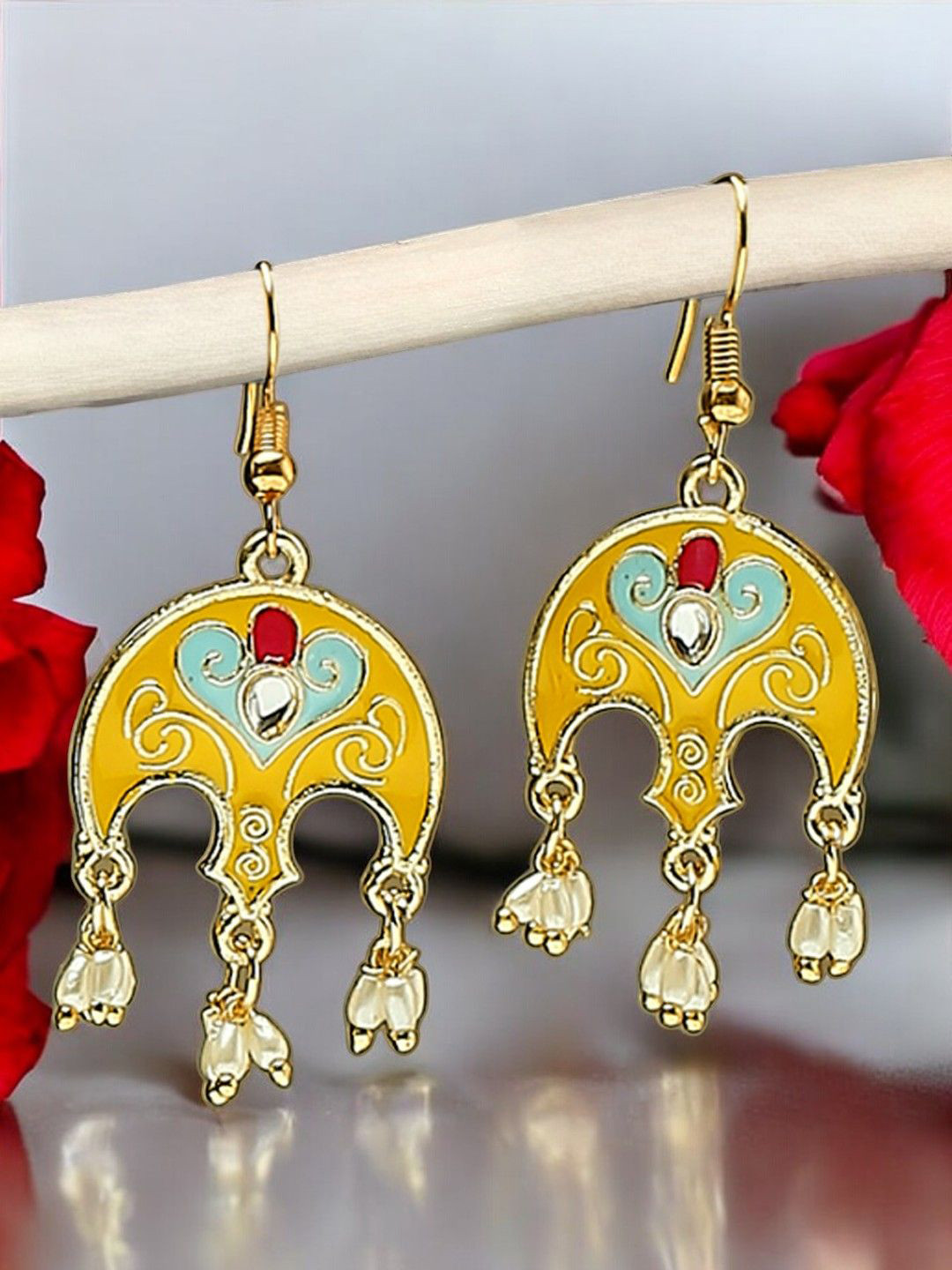 Anouk Kundan Studded & Beaded Contemprary Meenakari Drop Earrings