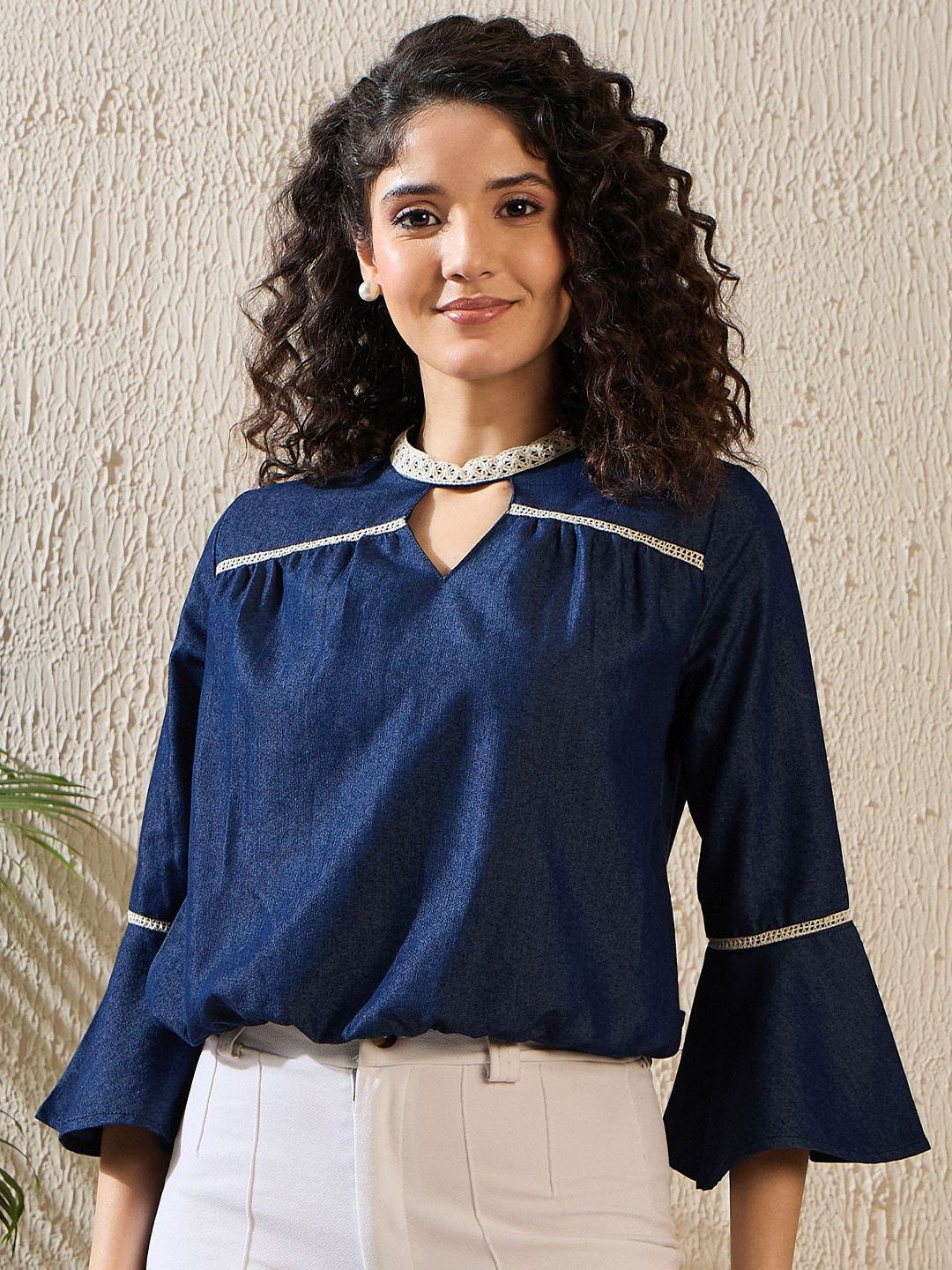 StyleStone Keyhole Neck Bell Sleeve Cotton Denim Crop Top