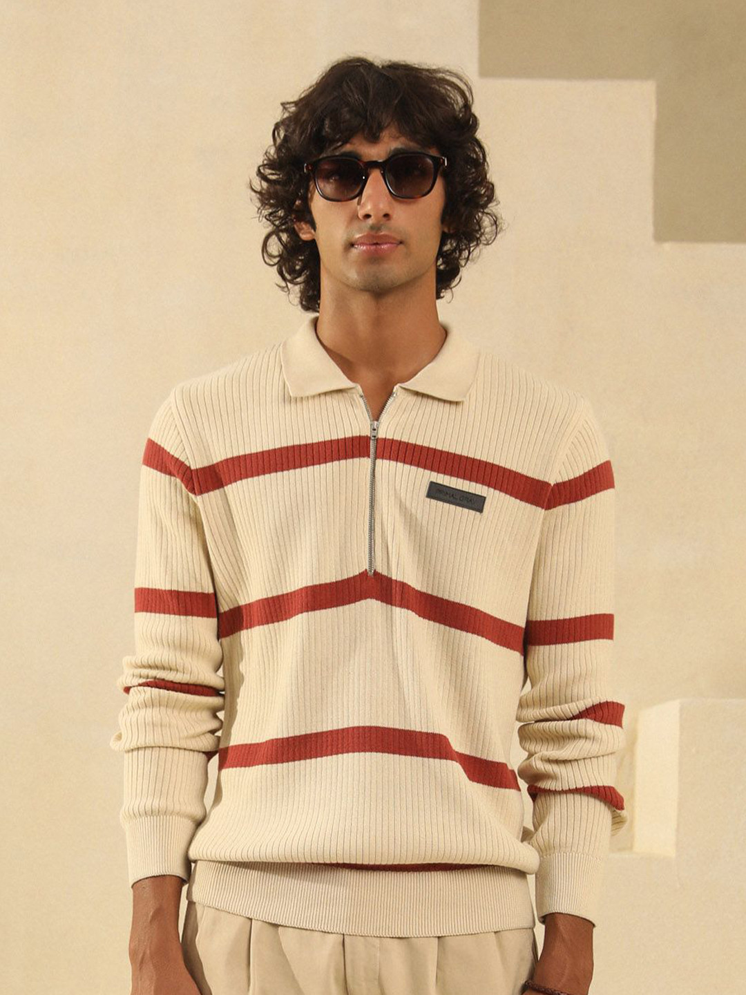 PRIMAL GRAY Men Striped Shirt Collar Cotton Pullover Sweater