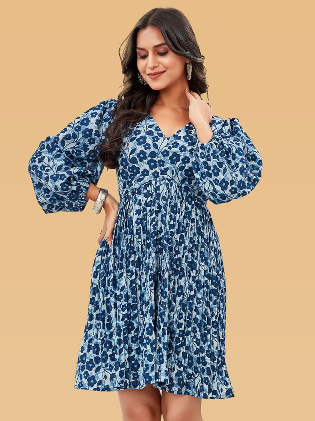 ODD BY chansi TRENDZ Floral Print Bishop Sleeve Fit & Flare Dress